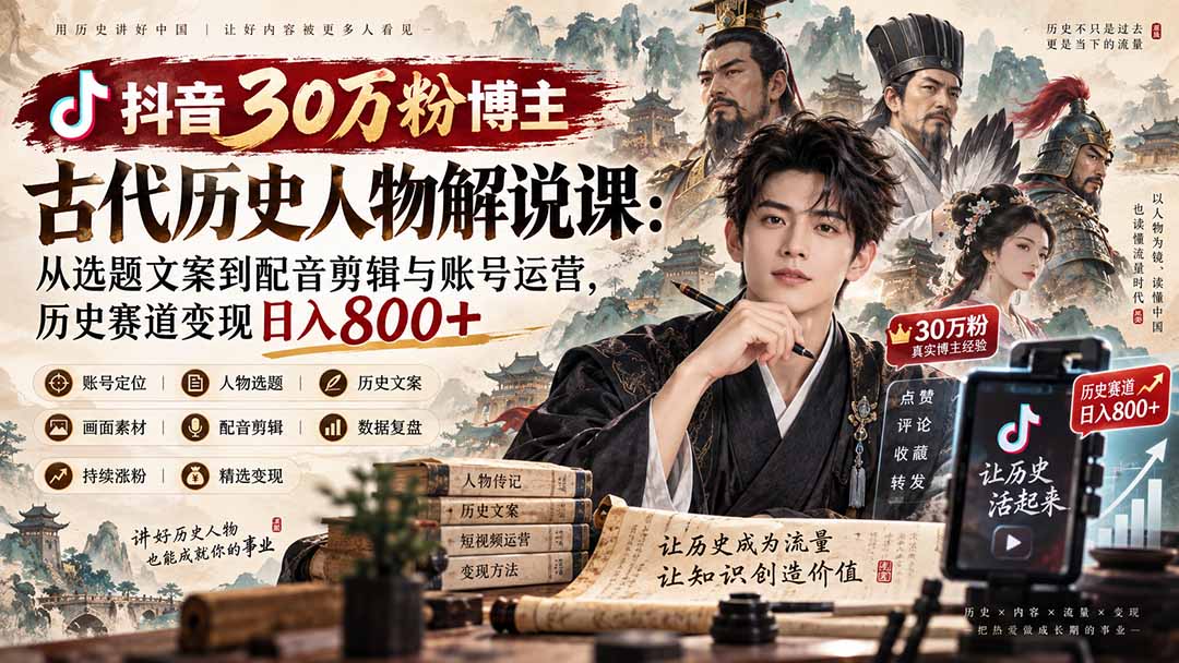 （20441期）抖音30万粉博主古代历史人物解说课：从选题文案到配音剪辑与账号运营，历史赛道变现日入800+网创吧-网创项目资源站-副业项目-创业项目-搞钱项目网创吧