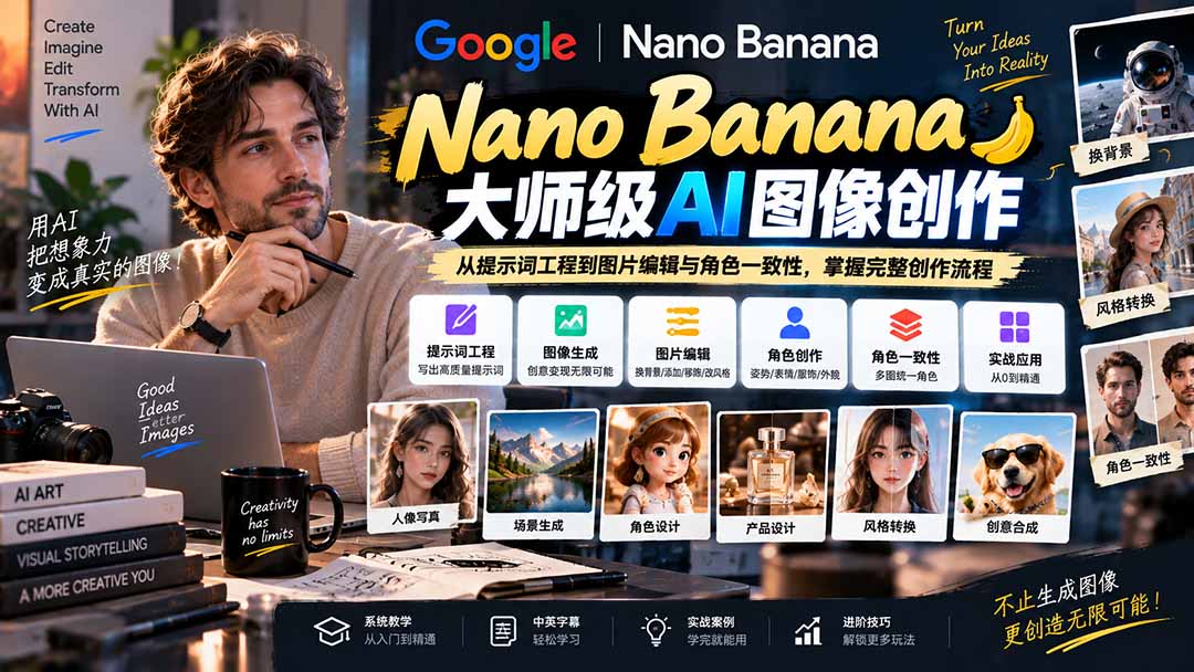 (20609期)【无水印】Nano Banana大师级AI图像实战课:从提示词工程到图片编辑与角色一致性,掌握完整创作流程网创吧-网创项目资源站-副业项目-创业项目-搞钱项目网创吧