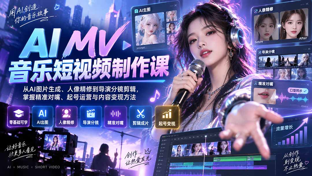 (20364期)AI MV音乐短视频制作课:从AI图片生成、人像精修到导演分镜剪辑,掌握精准对嘴、起号运营与内容变现方法网创吧-网创项目资源站-副业项目-创业项目-搞钱项目网创吧