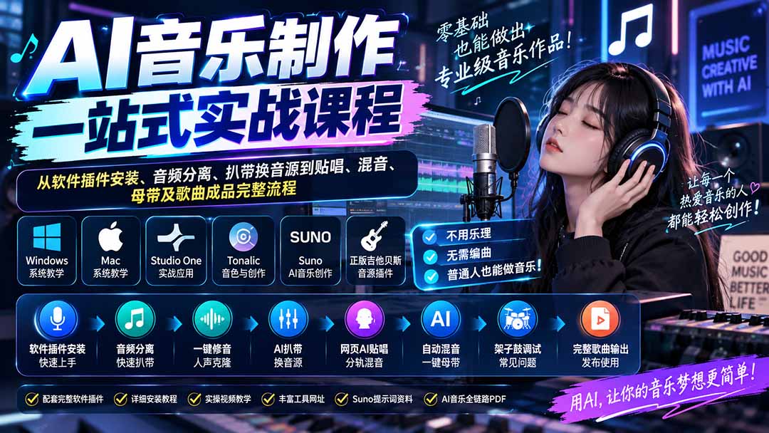 (20490期)AI音乐制作一站式实战课程:从软件插件安装、音频分离、扒带换音源到贴唱、混音、母带及歌曲成品完整流程网创吧-网创项目资源站-副业项目-创业项目-搞钱项目网创吧