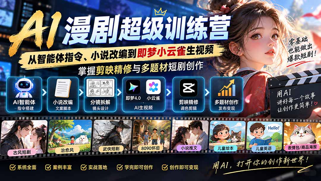 (20491期)AI漫剧超级特训营:从智能体指令、小说改编到即梦小云雀生视频,掌握剪映精修与多题材短剧创作网创吧-网创项目资源站-副业项目-创业项目-搞钱项目网创吧