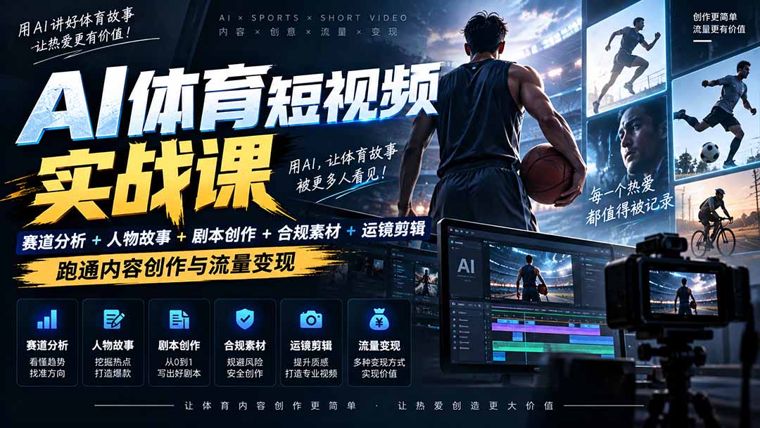 (20515期)AI体育短视频赛道顶级玩法|赛道分析+人物故事+剧本创作+版权处理+运镜剪辑,跑通流量变现-日赚1K+网创吧-网创项目资源站-副业项目-创业项目-搞钱项目网创吧