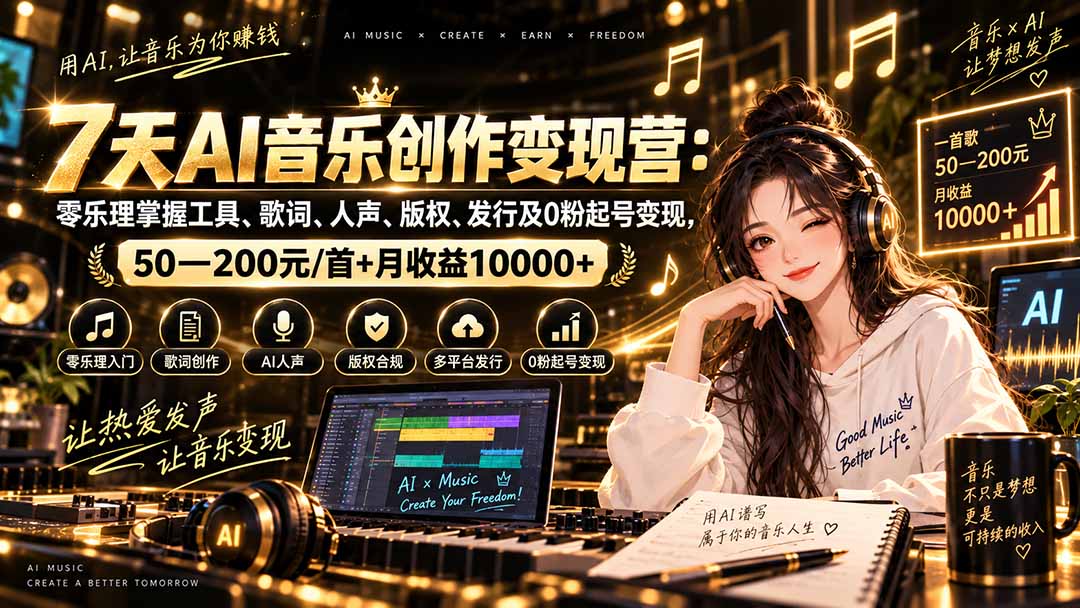 （20442期）AI音乐创作变现营：零乐理掌握工具、歌词、人声、版权、发行及0粉起号变现，50—200元/首+月收益10000+网创吧-网创项目资源站-副业项目-创业项目-搞钱项目网创吧