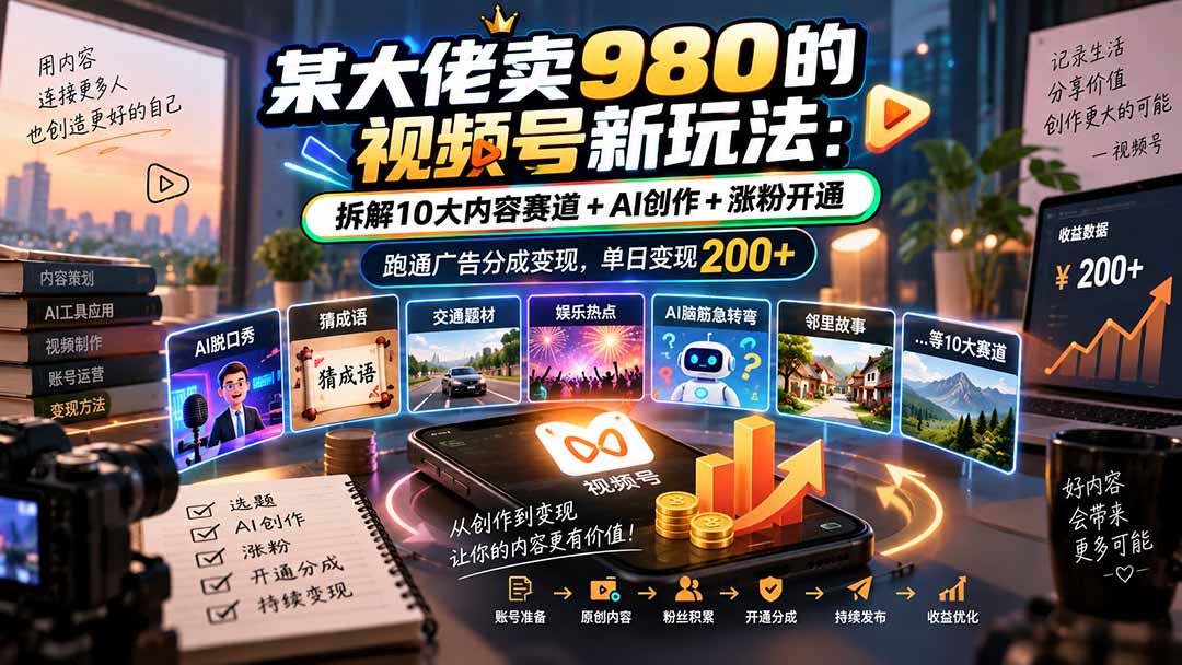 （20573期）某大佬卖980的视频号新玩法：拆解10大内容赛道+AI创作+涨粉开通，跑通广告分成变现，单日变现200+网创吧-网创项目资源站-副业项目-创业项目-搞钱项目网创吧