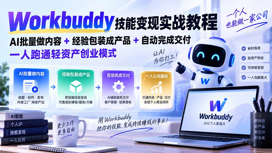 (20492期)Workbuddy技能变现实战教程:AI批量做内容+经验包装成产品+自动完成交付,一人跑通轻资产创业模式网创吧-网创项目资源站-副业项目-创业项目-搞钱项目网创吧