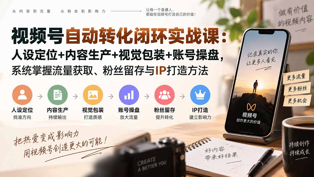（20327期）视频号自动转化闭环实战课：人设定位+内容生产+视觉包装+账号操盘，系统掌握流量获取、粉丝留存与IP打造方法网创吧-网创项目资源站-副业项目-创业项目-搞钱项目网创吧