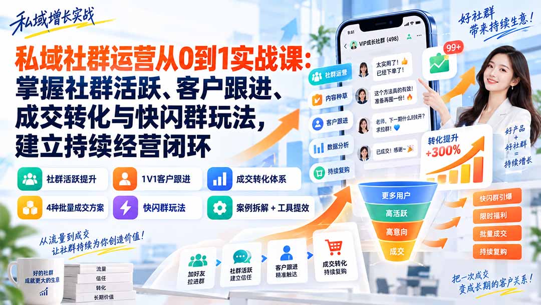 (20428期)私域社群运营从0到1实战课:掌握社群活跃、客户跟进、成交转化与快闪群玩法,建立持续经营闭环网创吧-网创项目资源站-副业项目-创业项目-搞钱项目网创吧