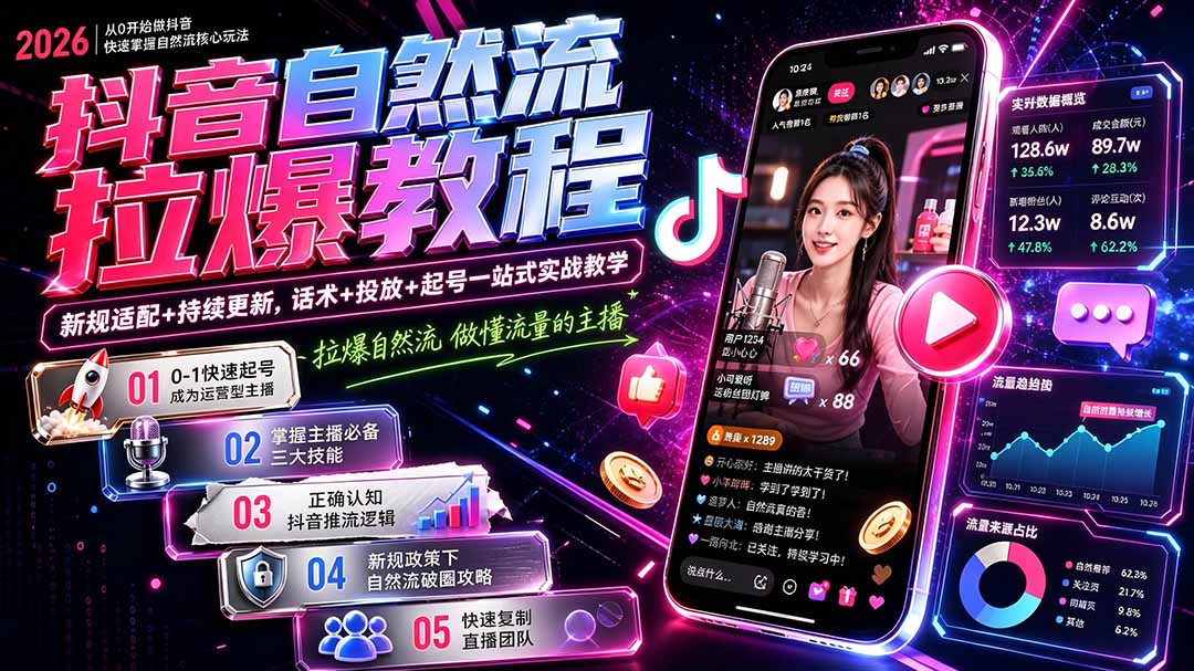 (20279期)抖音自然流拉爆教程-更新:做懂流量的主播,新规适配+持续更新,话术+投放+起号一站式实战教学网创吧-网创项目资源站-副业项目-创业项目-搞钱项目网创吧