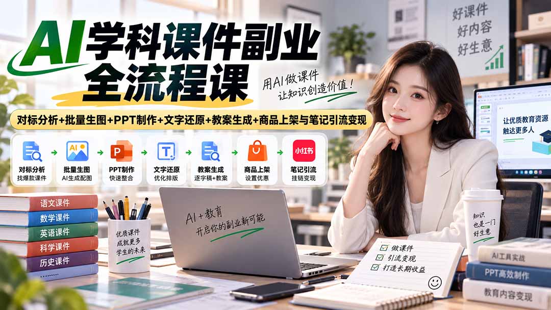 (20469期)AI学科课件副业全流程课|对标分析+批量生图+PPT制作+文字还原+教案生成+商品上架与笔记引流变现网创吧-网创项目资源站-副业项目-创业项目-搞钱项目网创吧