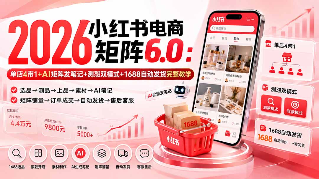 (20310期)2026小红书电商矩阵6.0:单店4带1+AI矩阵发笔记+测怼双模式+1688自动发货完整教学网创吧-网创项目资源站-副业项目-创业项目-搞钱项目网创吧