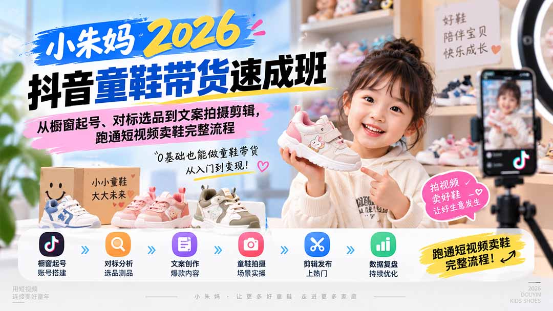 (20267期)小朱妈2026抖音童鞋带货速成班:从橱窗起号、对标选品到文案拍摄剪辑,跑通短视频卖鞋完整流程网创吧-网创项目资源站-副业项目-创业项目-搞钱项目网创吧