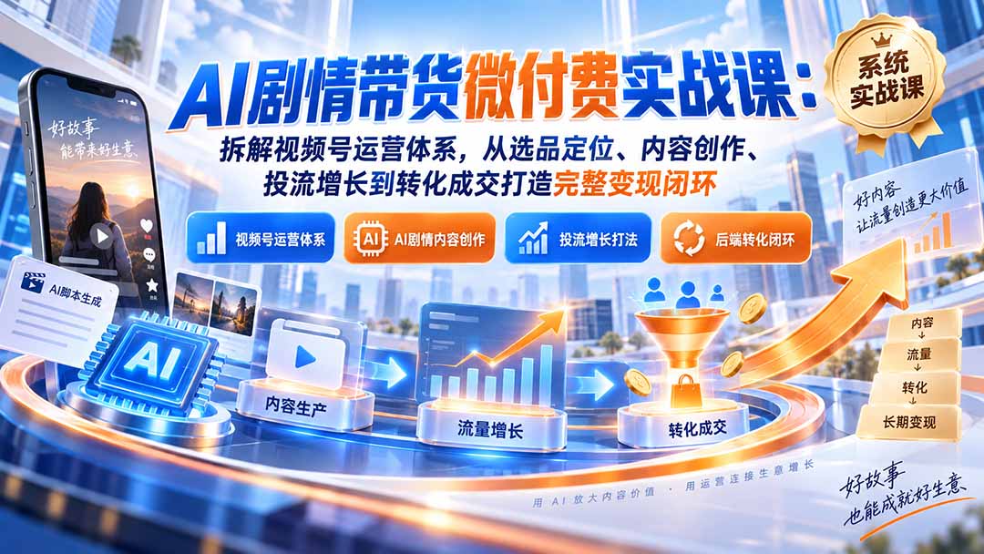 (20611期)AI剧情带货微付费实战课:拆解视频号运营体系,从选品定位、内容创作、投流增长到转化成交打造完整变现闭环网创吧-网创项目资源站-副业项目-创业项目-搞钱项目网创吧