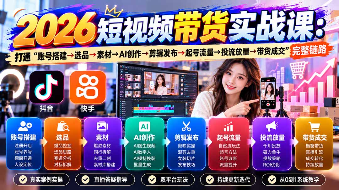 (20731期)2026短视频带货实战课9月:打通“账号搭建→选品→素材→AI创作→剪辑发布→起号流量→投流放量→带货成交”完整链路网创吧-网创项目资源站-副业项目-创业项目-搞钱项目网创吧