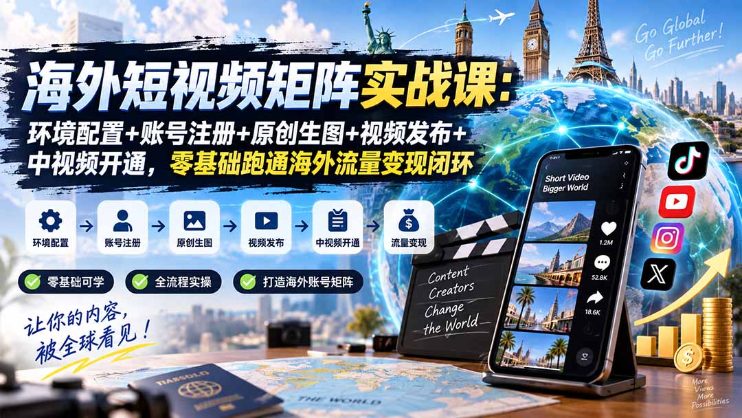 (20470期)海外短视频矩阵实战课:环境配置+账号注册+原创生图+视频发布+中视频开通,零基础跑通海外流量变现闭环网创吧-网创项目资源站-副业项目-创业项目-搞钱项目网创吧