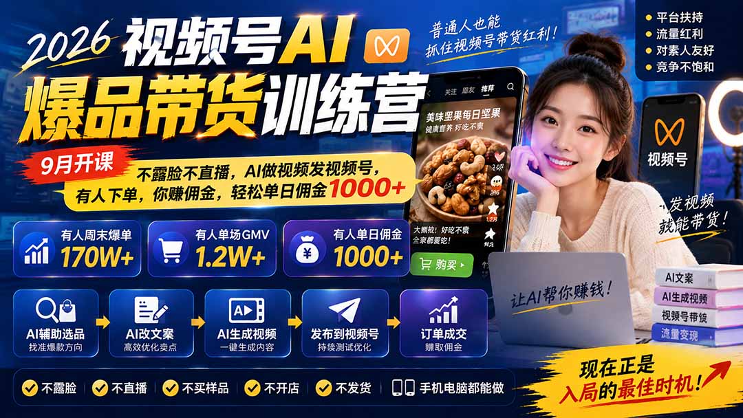 （20537期）2026视频号AI爆品带货训练营-9月开课｜不露脸不直播，AI做视频发视频号，有人下单，你赚佣金，轻松单日佣金1000+网创吧-网创项目资源站-副业项目-创业项目-搞钱项目网创吧