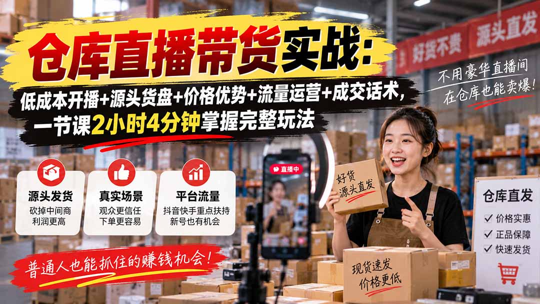(20471期)仓库直播带货实战:低成本开播+源头货盘+价格优势+流量运营+成交话术,一节课2小时4分钟掌握完整玩法网创吧-网创项目资源站-副业项目-创业项目-搞钱项目网创吧