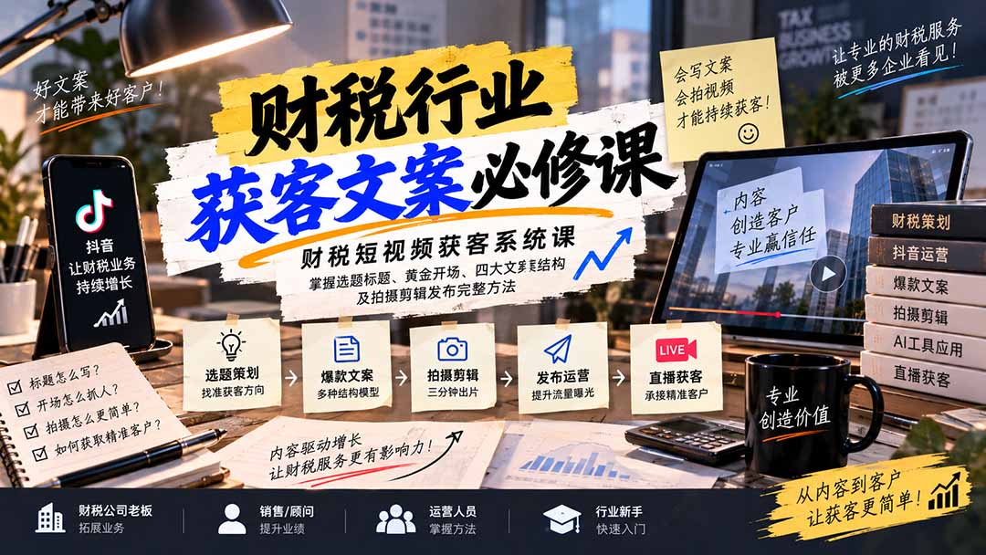 (20591期)财税短视频获客系统课:掌握选题标题、黄金开场、四大文案结构及拍摄剪辑发布完整方法网创吧-网创项目资源站-副业项目-创业项目-搞钱项目网创吧