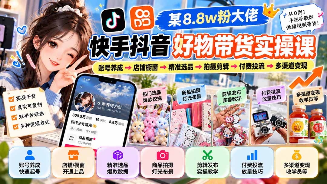 （20733期）某8.8w粉大佬快手抖音好物带货实操课：账号养成→店铺橱窗→精准选品→拍摄剪辑→付费投流→多渠道变现网创吧-网创项目资源站-副业项目-创业项目-搞钱项目网创吧