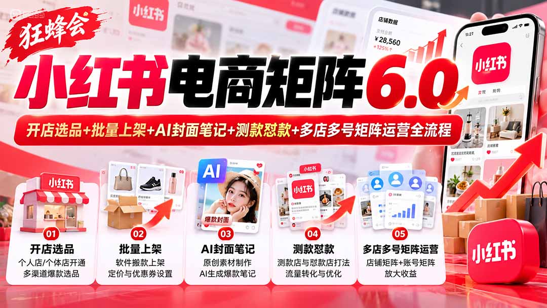 (20732期)【无水印】狂蜂会小红书电商矩阵6.0:开店选品+批量上架+AI封面笔记+测款怼款+多店多号矩阵运营全流程网创吧-网创项目资源站-副业项目-创业项目-搞钱项目网创吧