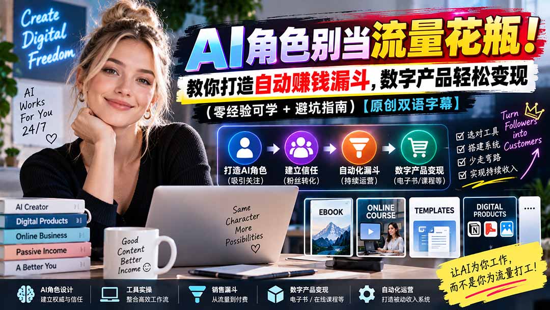 (20475期)AI角色别当流量花瓶!教你打造自动赚钱漏斗,数字产品轻松变现(零经验可学+避坑指南)【原创双语字幕】网创吧-网创项目资源站-副业项目-创业项目-搞钱项目网创吧