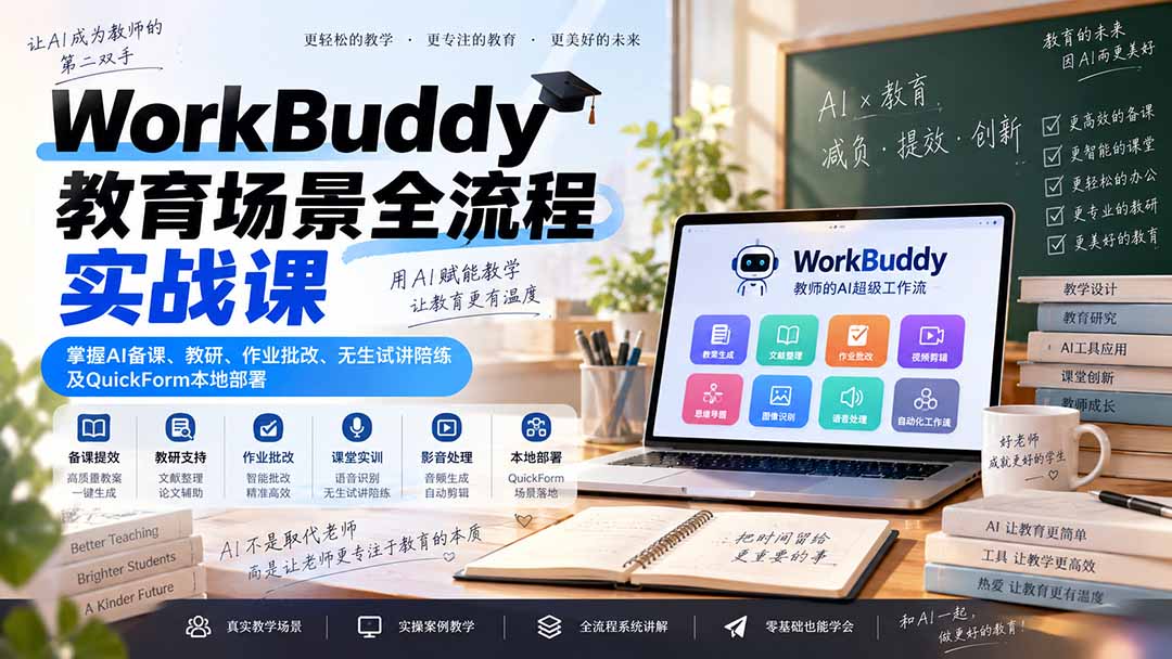 (20518期)WorkBuddy教育场景全流程实战课:掌握AI备课、教研、作业批改、无生试讲陪练及QuickForm本地部署网创吧-网创项目资源站-副业项目-创业项目-搞钱项目网创吧