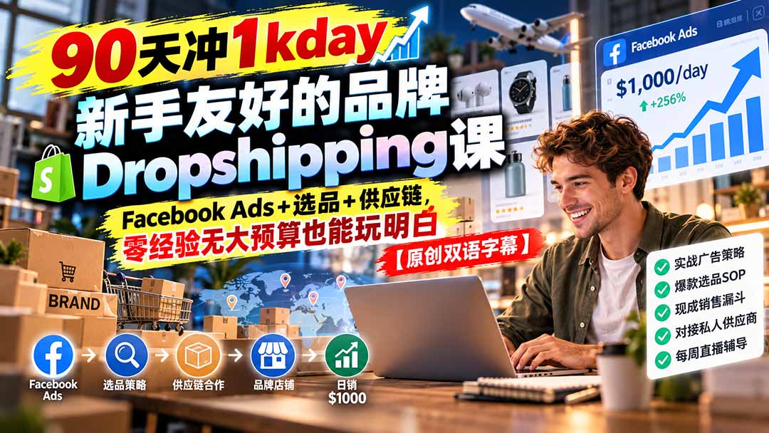 (20738期)90天冲1kday 新手友好的品牌Dropshipping课:Facebook Ads+选品+供应链,零经验无大预算也能玩明白【原创双语字幕】网创吧-网创项目资源站-副业项目-创业项目-搞钱项目网创吧