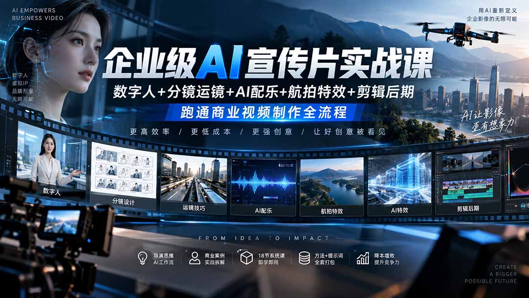 (20548期)企业级AI宣传片实战课|数字人+分镜运镜+AI配乐+航拍特效+剪辑后期,跑通商业视频制作全流程网创吧-网创项目资源站-副业项目-创业项目-搞钱项目网创吧
