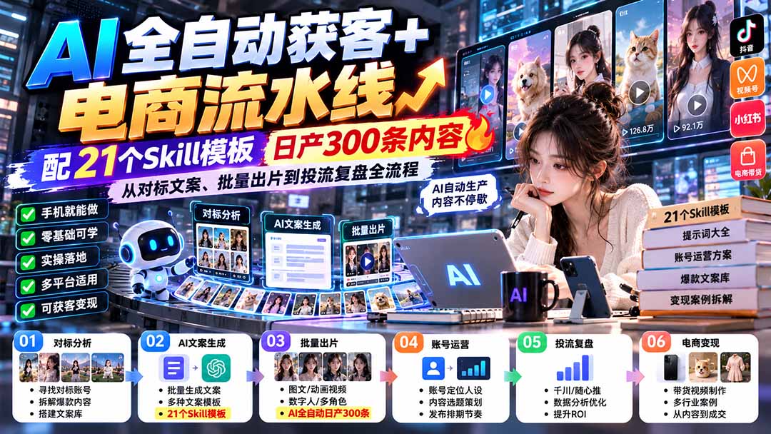 (20664期)AI全自动获客+电商流水线:配21个Skill模板,日产300条内容,从对标文案、批量出片到投流复盘全流程网创吧-网创项目资源站-副业项目-创业项目-搞钱项目网创吧