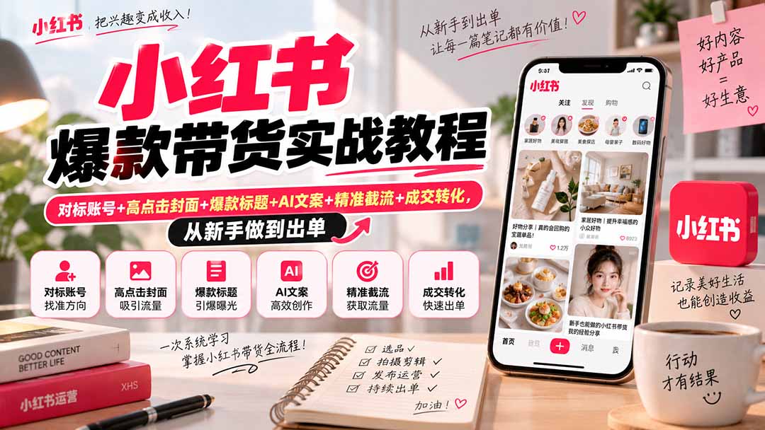 (20473期)小红书爆款带货实战教程|对标账号+高点击封面+爆款标题+AI文案+精准截流+成交转化,从新手做到出单网创吧-网创项目资源站-副业项目-创业项目-搞钱项目网创吧