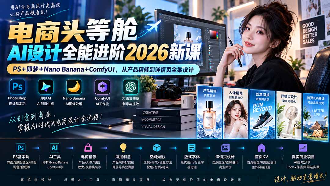 (20284期)电商头等舱AI设计全能进阶2026新课:PS+即梦+Nano Banana+ComfyUI,从产品精修到详情页全案设计网创吧-网创项目资源站-副业项目-创业项目-搞钱项目网创吧
