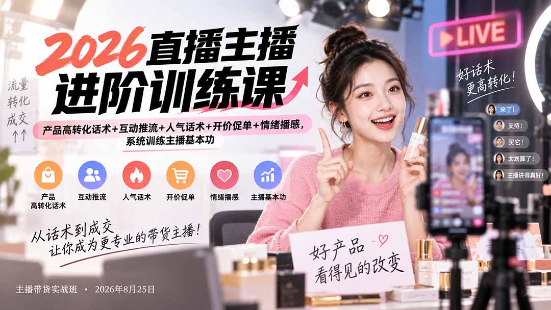 (20408期)2026直播主播进阶训练课:产品高转化话术+互动推流+人气话术+开价促单+情绪播感,系统训练主播基本功网创吧-网创项目资源站-副业项目-创业项目-搞钱项目网创吧