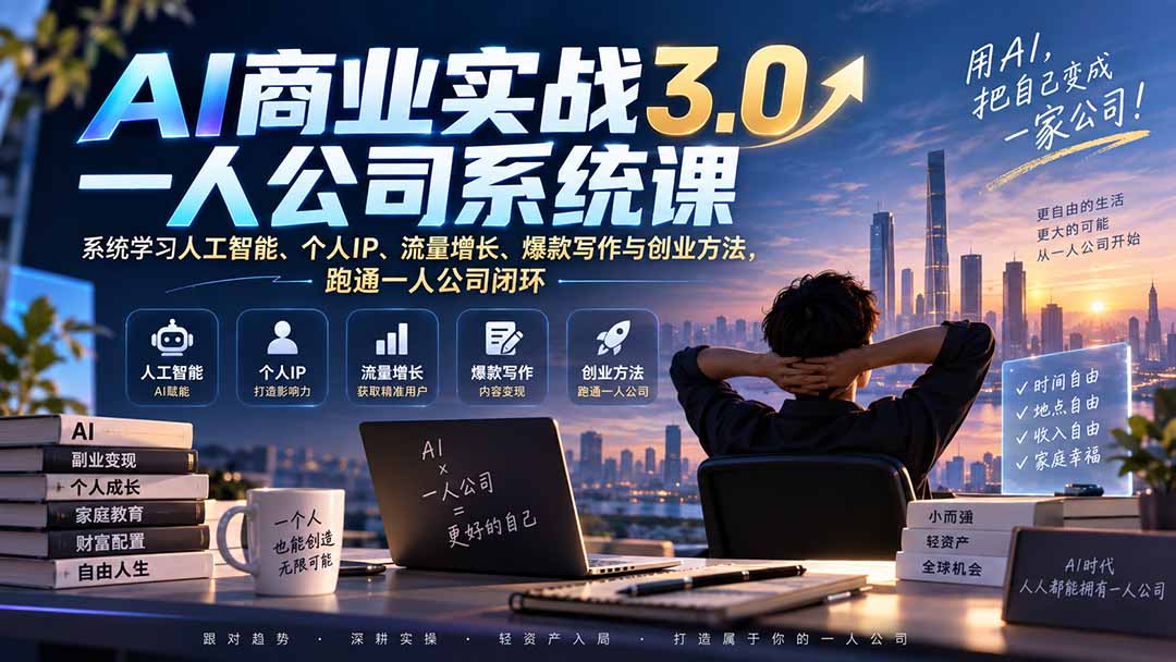 （20249期）AI商业实战3.0一人公司系统课：系统学习人工智能、个人IP、流量增长、爆款写作与创业方法，跑通一人公司闭环网创吧-网创项目资源站-副业项目-创业项目-搞钱项目网创吧