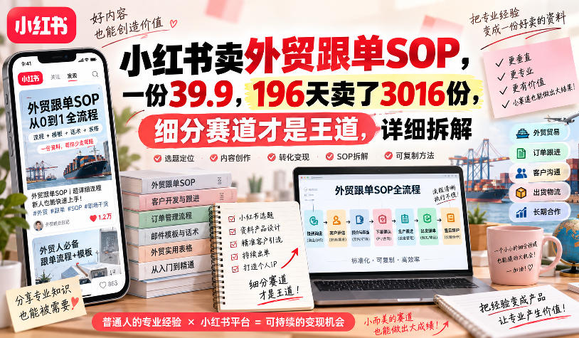 小红书卖外贸跟单sop,一份39.9,196天卖了3016份,细分赛道才是王道,详细拆解网创吧-网创项目资源站-副业项目-创业项目-搞钱项目网创吧