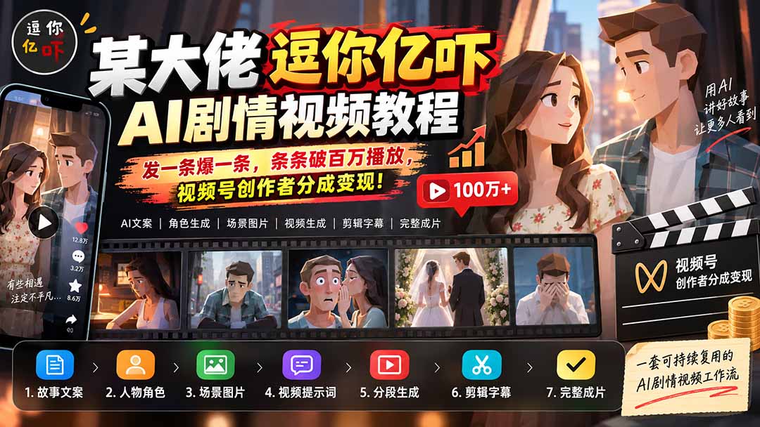 (20388期)某大佬逗你亿吓AI低模剧情视频制作教程:发一条爆一条,条条破百万播放,利用视频号创作者分成变现!网创吧-网创项目资源站-副业项目-创业项目-搞钱项目网创吧