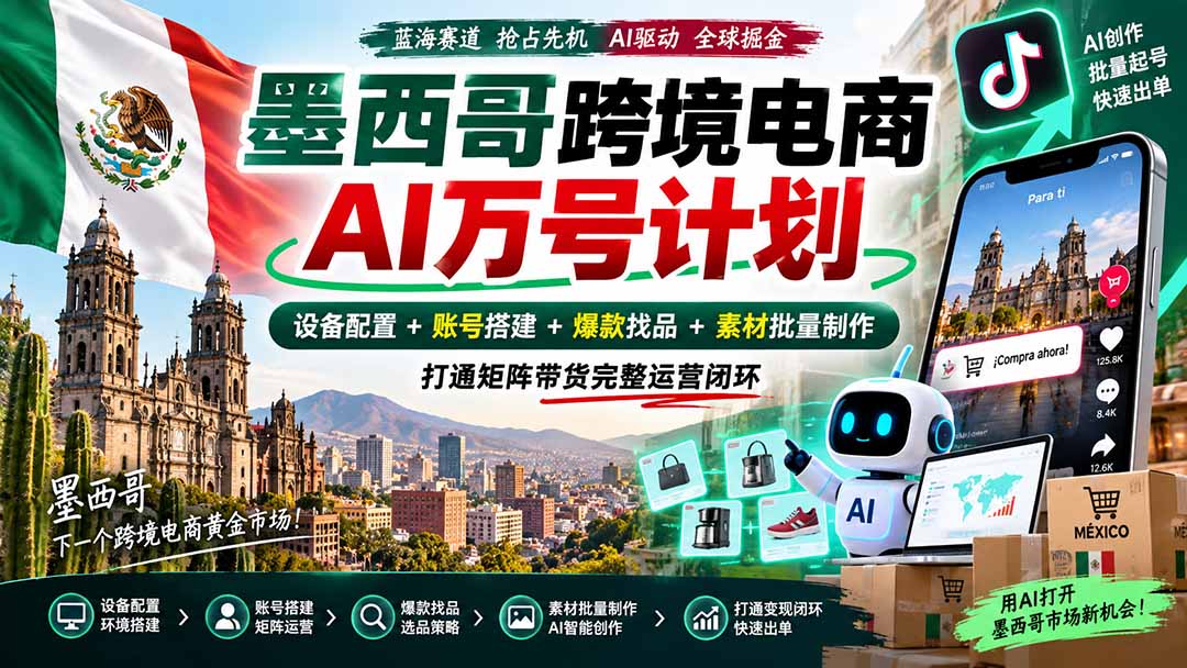 (20500期)墨西哥AI跨境电商万号计划|设备配置+账号搭建+爆款找品+素材批量制作,打通矩阵带货完整运营闭环网创吧-网创项目资源站-副业项目-创业项目-搞钱项目网创吧
