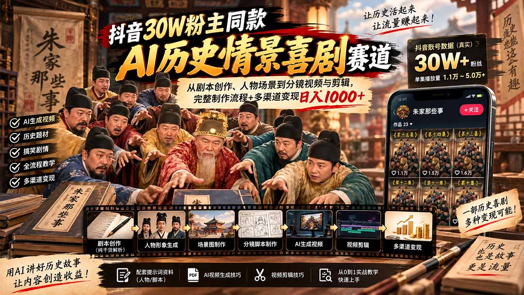 (20613期)抖音30W粉博主同款AI历史情景喜剧赛道:从剧本创作、人物场景到分镜视频与剪辑,完整制作流程+多渠道变现日入1000+网创吧-网创项目资源站-副业项目-创业项目-搞钱项目网创吧