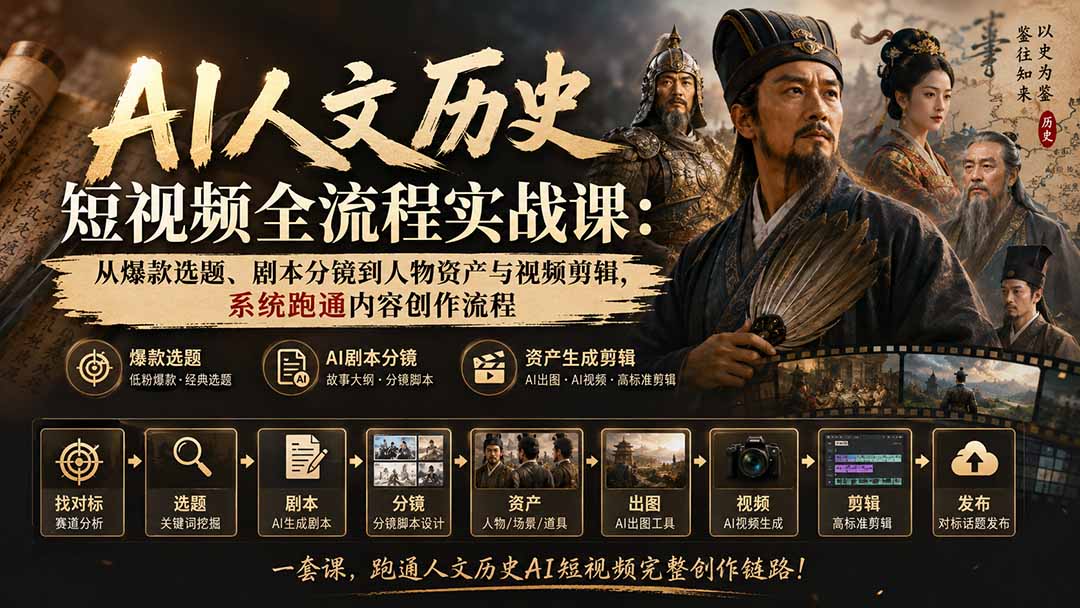 (20476期)AI人文历史短视频全流程实战课-更新:从爆款选题、剧本分镜到人物资产与视频剪辑,系统跑通内容创作流程网创吧-网创项目资源站-副业项目-创业项目-搞钱项目网创吧