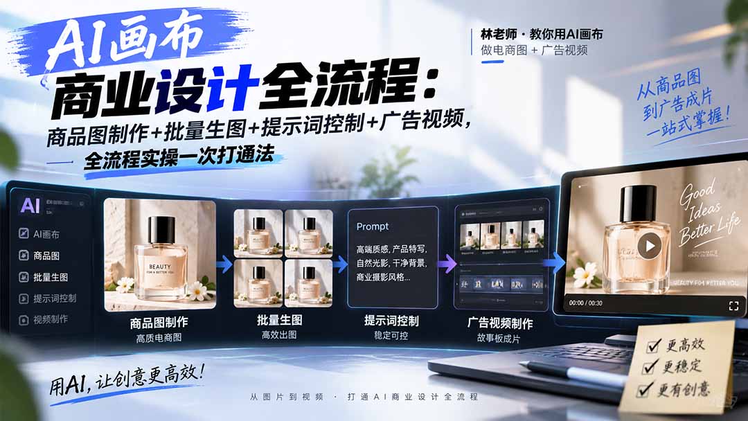 (20576期)AI画布商业设计全流程:商品图制作+批量生图+提示词控制+广告视频,全流程实操一次打通法网创吧-网创项目资源站-副业项目-创业项目-搞钱项目网创吧