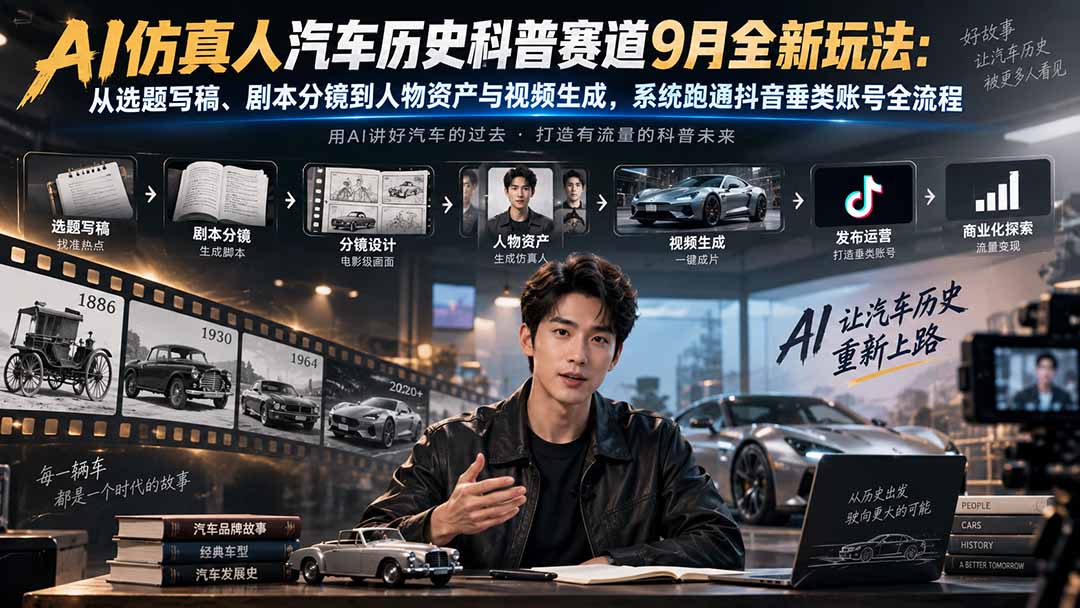 (20413期)AI仿真人汽车历史科普赛道9月全新玩法:从选题写稿、剧本分镜到人物资产与视频生成,系统跑通抖音垂类账号全流程网创吧-网创项目资源站-副业项目-创业项目-搞钱项目网创吧