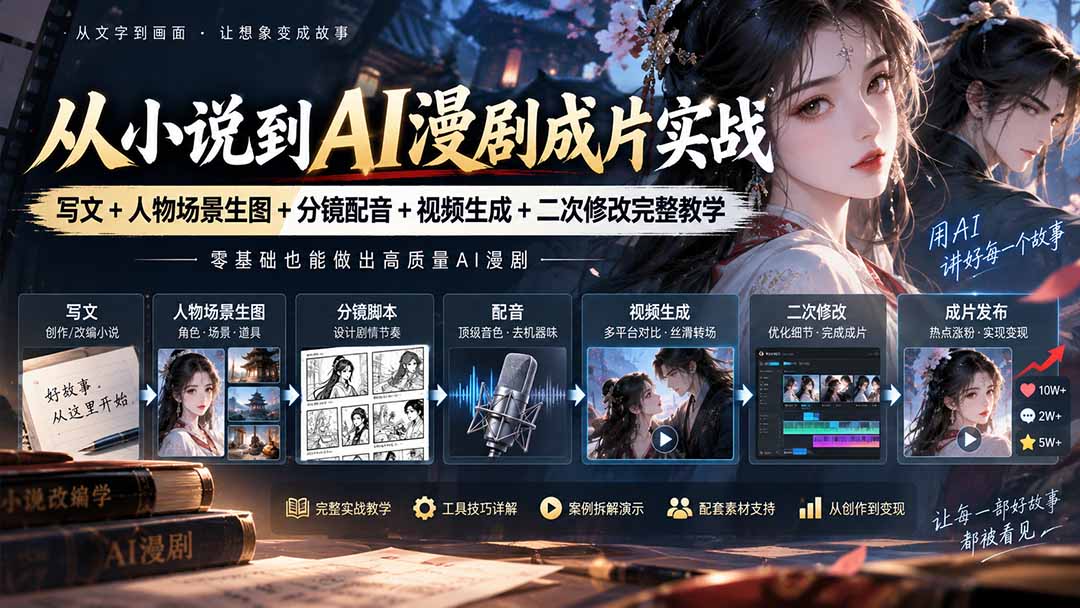 (20577期)从小说到AI漫剧成片实战:写文+人物场景生图+分镜配音+视频生成+二次修改完整教学网创吧-网创项目资源站-副业项目-创业项目-搞钱项目网创吧