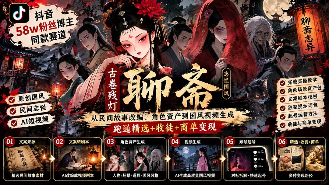 (20667期)抖音58w粉丝博主同款赛道古卷残灯聊斋:从民间故事改编、角色资产到国风视频生成,跑通精选+收徒+商单变现网创吧-网创项目资源站-副业项目-创业项目-搞钱项目网创吧