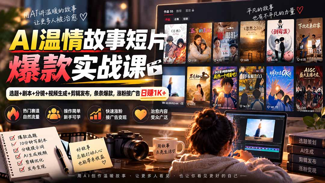 (20477期)AI温情故事短片爆款实战课-更新|选题+剧本+分镜+视频生成+剪辑发布,条条爆款,涨粉接广告日赚1K+网创吧-网创项目资源站-副业项目-创业项目-搞钱项目网创吧