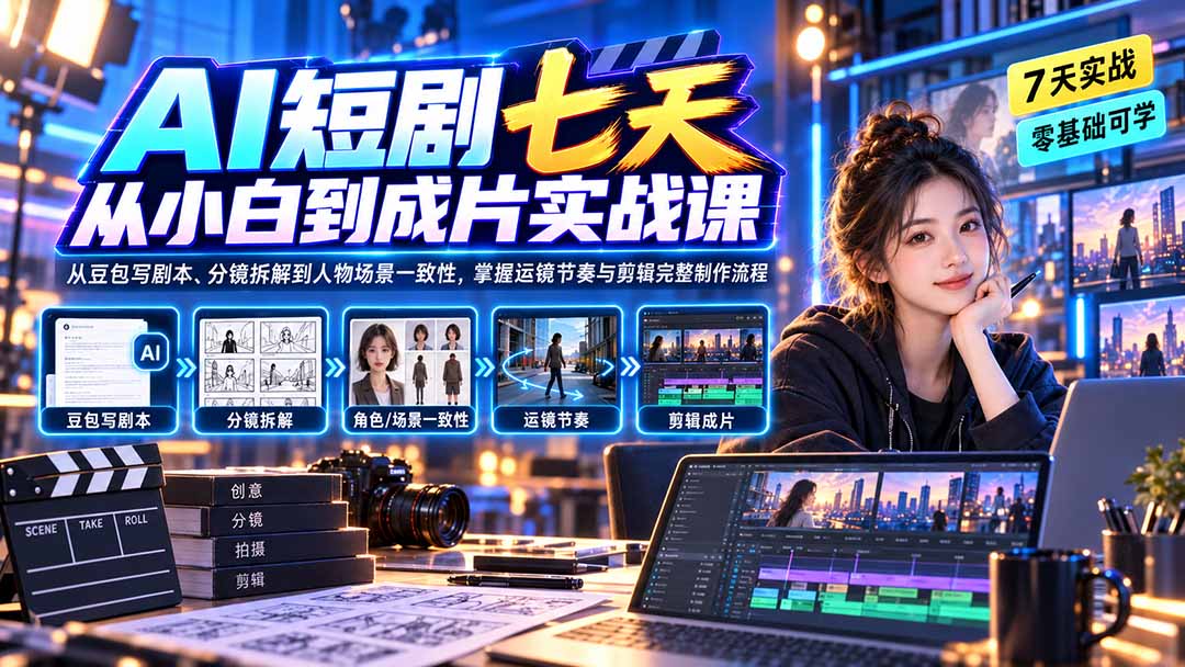 (20329期)AI短剧七天从小白到成片实战课:从豆包写剧本、分镜拆解到人物场景一致性,掌握运镜节奏与剪辑完整制作流程网创吧-网创项目资源站-副业项目-创业项目-搞钱项目网创吧