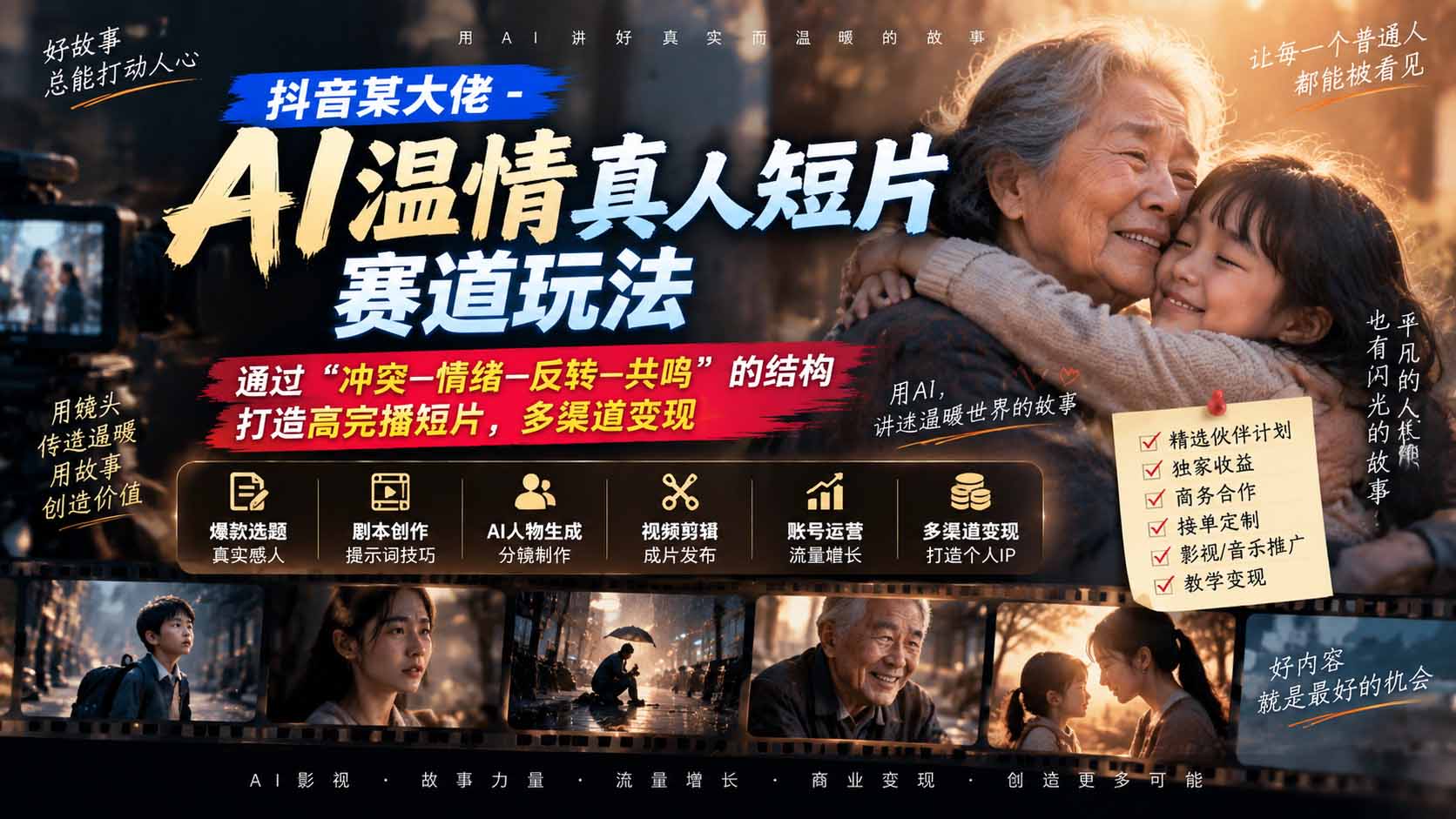 （20538期）抖音某大佬-AI温情真人短片赛道玩法：通过“冲突—情绪—反转—共鸣”的结构打造高完播短片，多渠道变现网创吧-网创项目资源站-副业项目-创业项目-搞钱项目网创吧