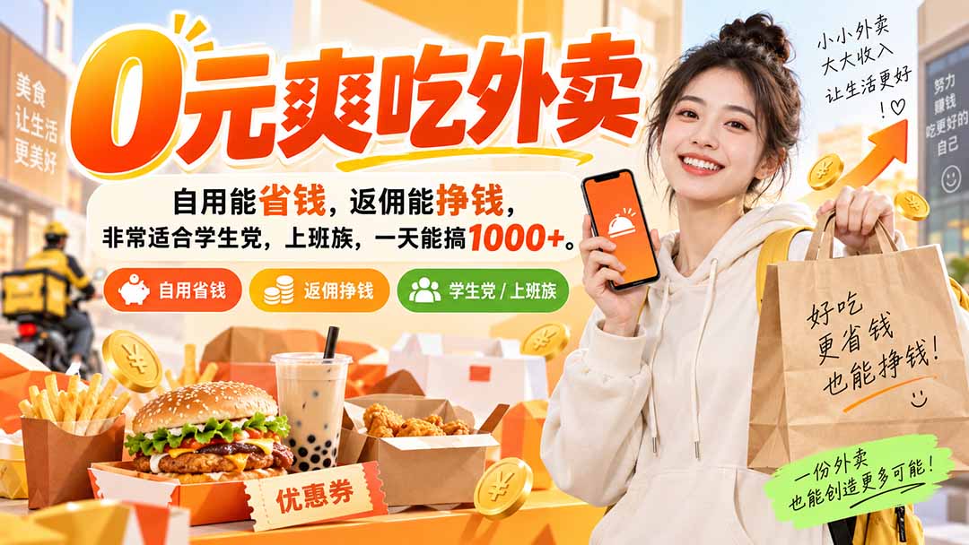 (20309期)0元爽吃外卖,自用能省钱,返佣能挣钱,非常适合学生党,上班族,一天能搞1000+网创吧-网创项目资源站-副业项目-创业项目-搞钱项目网创吧