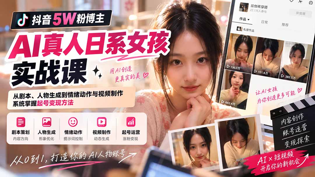 (20387期)抖音5W粉博主AI真人日系女孩实战课:从剧本、人物生成到情绪动作与视频制作,系统掌握起号变现方法网创吧-网创项目资源站-副业项目-创业项目-搞钱项目网创吧