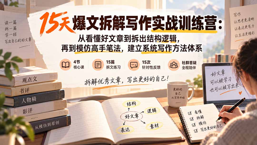 (20271期)15天爆文拆解写作实战训练营:从看懂好文章到拆出结构逻辑,再到模仿高手笔法,建立系统写作方法体系网创吧-网创项目资源站-副业项目-创业项目-搞钱项目网创吧