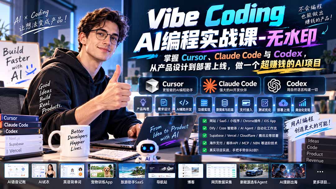 (20431期)Vibe Coding AI编程实战课-无水印:掌握Cursor、Claude Code与Codex,从产品设计到部署上线,做一个超赚钱的AI项目网创吧-网创项目资源站-副业项目-创业项目-搞钱项目网创吧