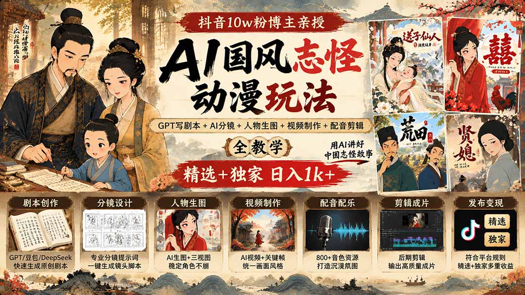 （20538期）抖音10w粉博主亲授AI国风志怪动漫玩法｜GPT写剧本+AI分镜+人物生图+视频制作+配音剪辑全教学｜精选+独家日入1k+网创吧-网创项目资源站-副业项目-创业项目-搞钱项目网创吧