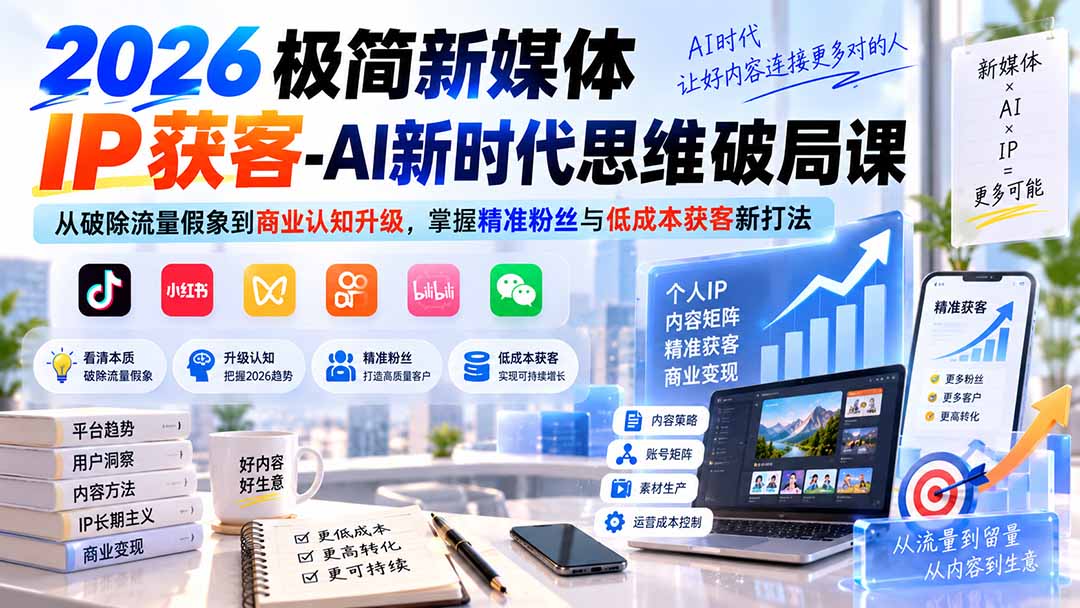 (20272期)2026极简新媒体IP获客-AI新时代思维破局课:从破除流量假象到商业认知升级,掌握精准粉丝与低成本获客新打法网创吧-网创项目资源站-副业项目-创业项目-搞钱项目网创吧